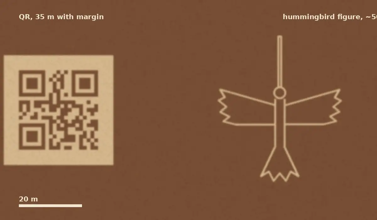 Simulated satellite view of a light QR code and a hummingbird line figure on dark desert ground