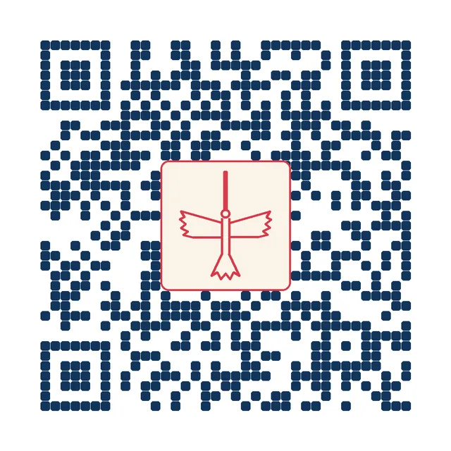 A navy QR code with a red line-drawn hummingbird in a cream square at its center